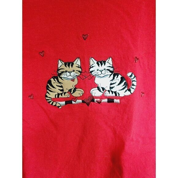 Top Stitch M Red Cat Love T-Shirt Women's Embroidered‎ Vintage SS - Picture 4 of 4